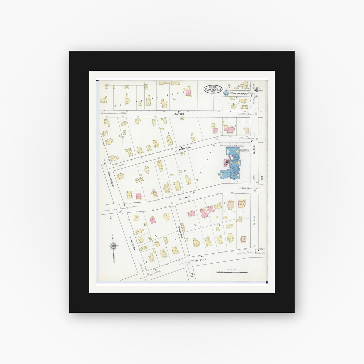 Old map wall art mockup — black gallery frame with white mat — Sanborn Fire Insurance Map from Platteville, Grant County, Wisconsin (1915), Sheet #0004