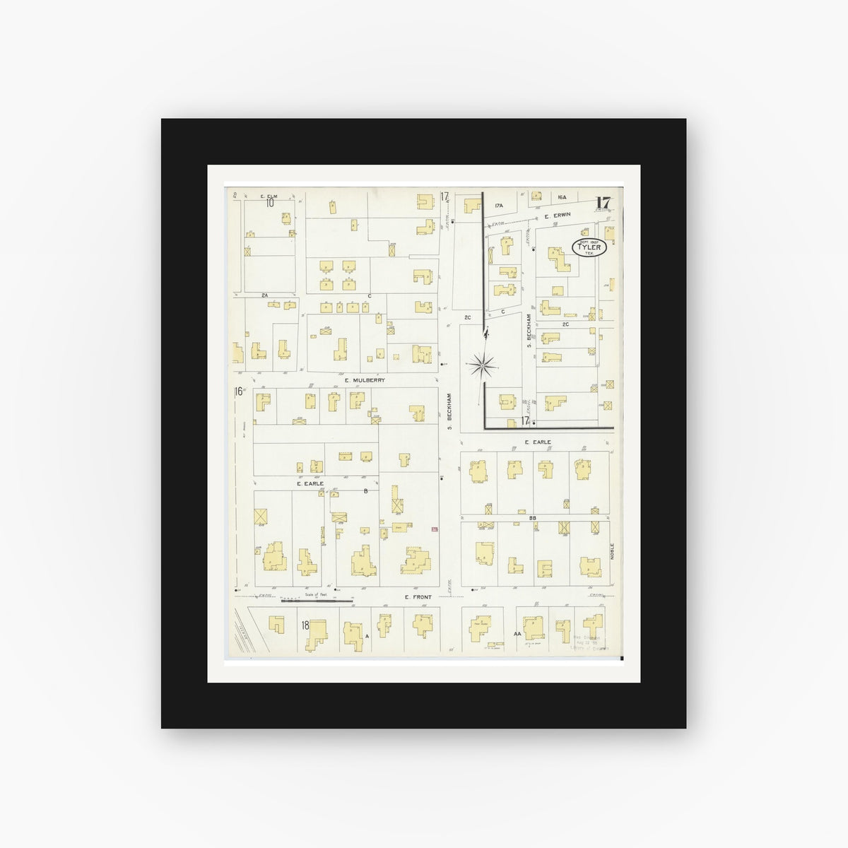 Old map wall art mockup — black gallery frame with white mat — Sanborn Fire Insurance Map from Tyler, Smith County, Texas (1907), Sheet #0017