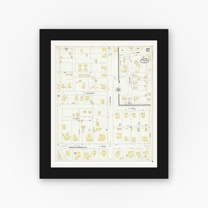 Old map wall art mockup — black gallery frame with white mat — Sanborn Fire Insurance Map from Tyler, Smith County, Texas (1907), Sheet #0017