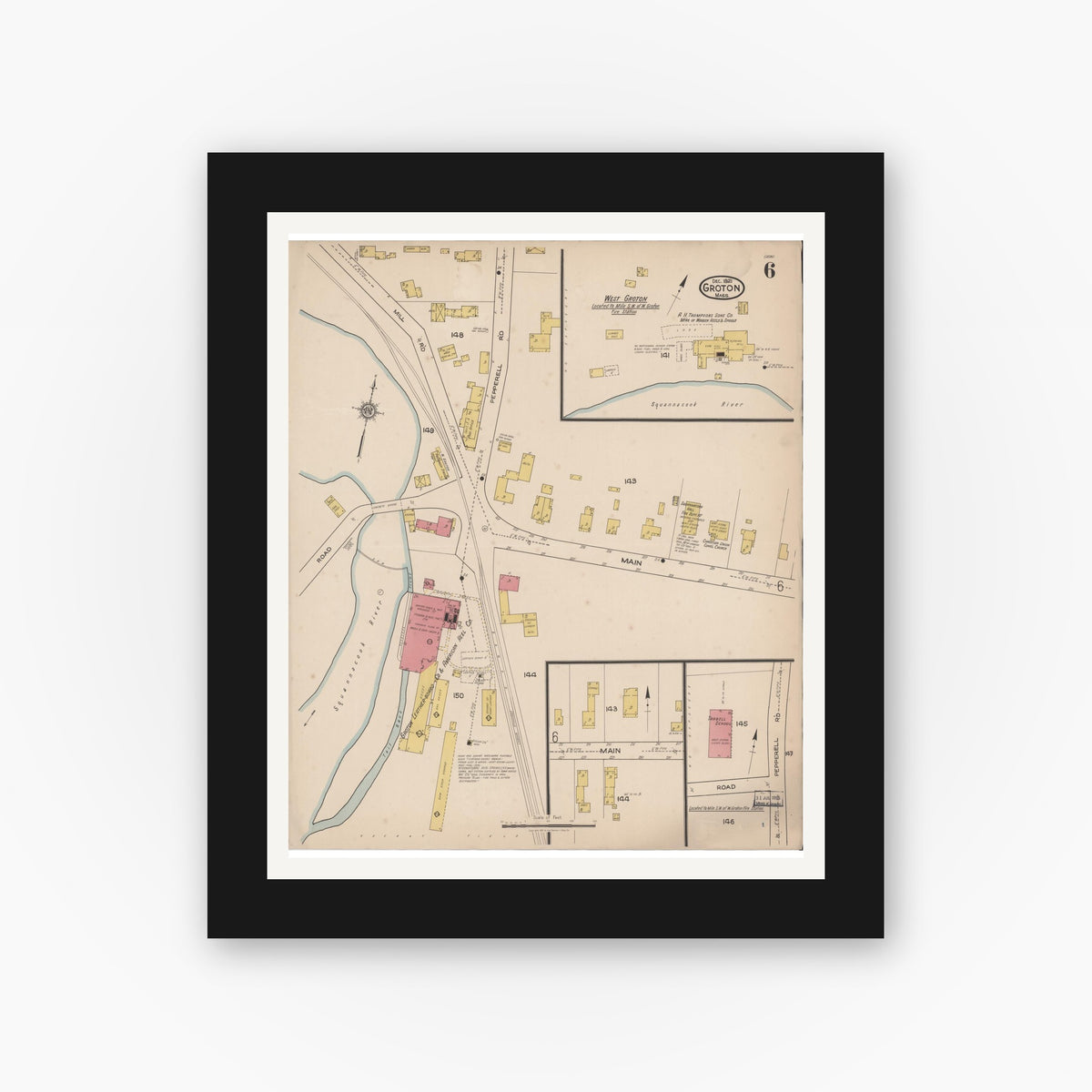 Old map wall art mockup — black gallery frame with white mat — Sanborn Fire Insurance Map from Groton, Middlesex County, Massachusetts (1921), Sheet #0006
