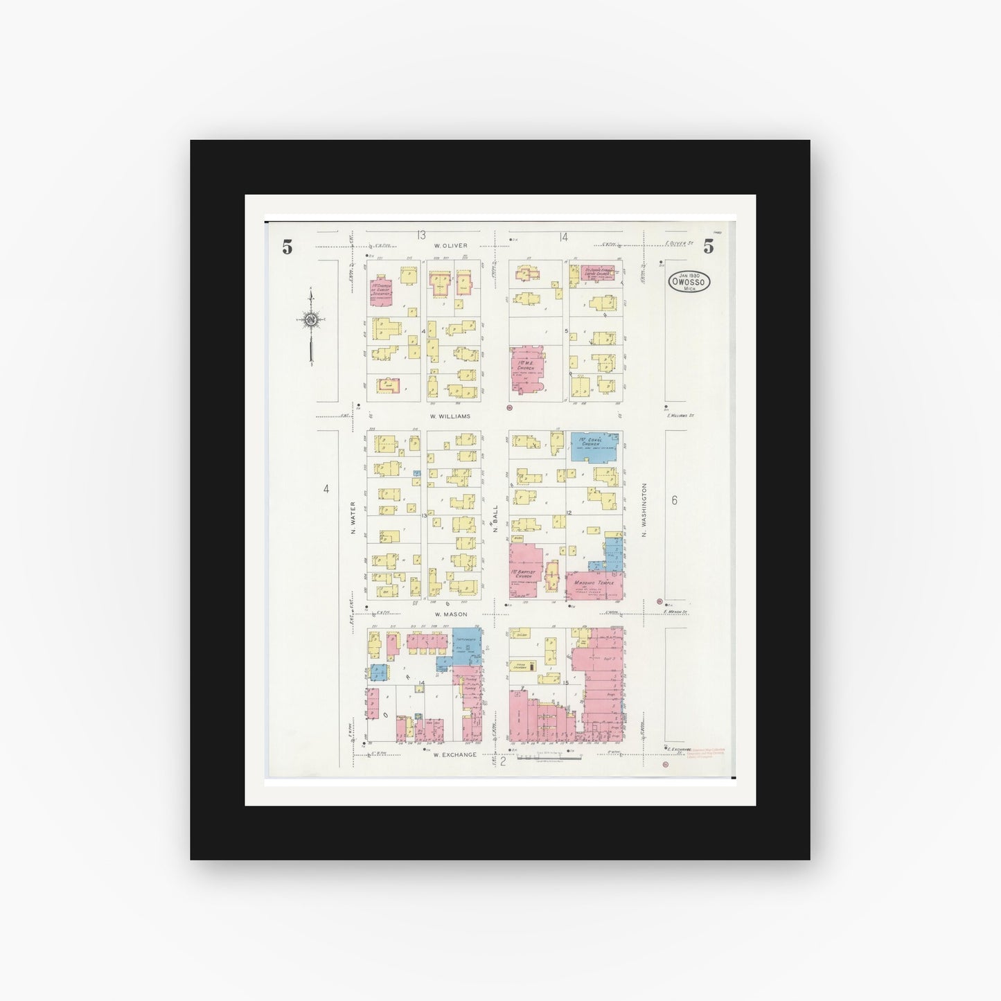 Old map wall art mockup — black gallery frame with white mat — Sanborn Fire Insurance Map from Owosso, Shiawassee County, Michigan (1930), Sheet #0005