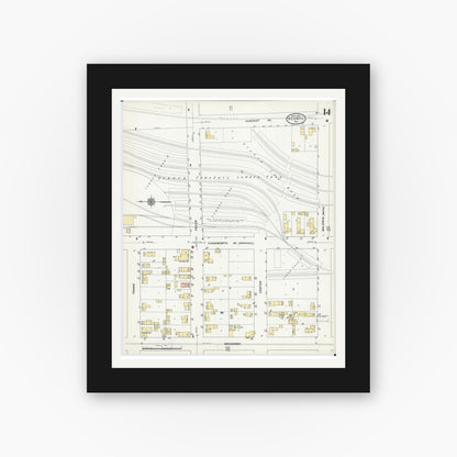 Old map wall art mockup — black gallery frame with white mat — Sanborn Fire Insurance Map from Oconto, Oconto County, Wisconsin (1911), Sheet #0014