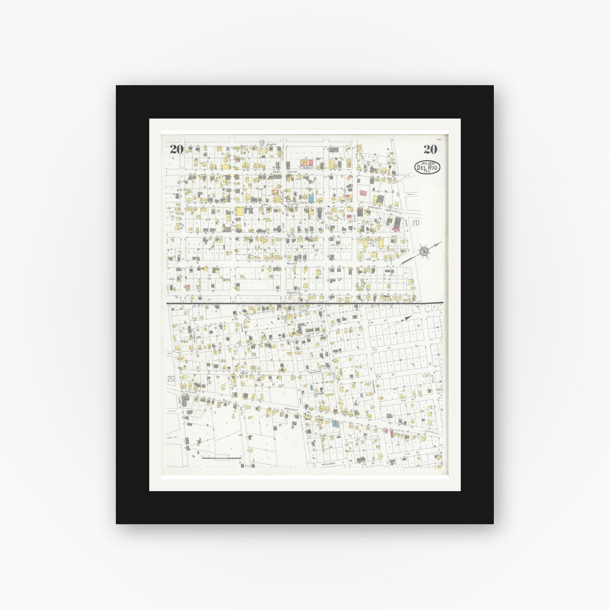 Old map wall art mockup — black gallery frame with white mat — Sanborn Fire Insurance Map from Del Rio, Val Verde County, Texas (1930), Sheet #0020