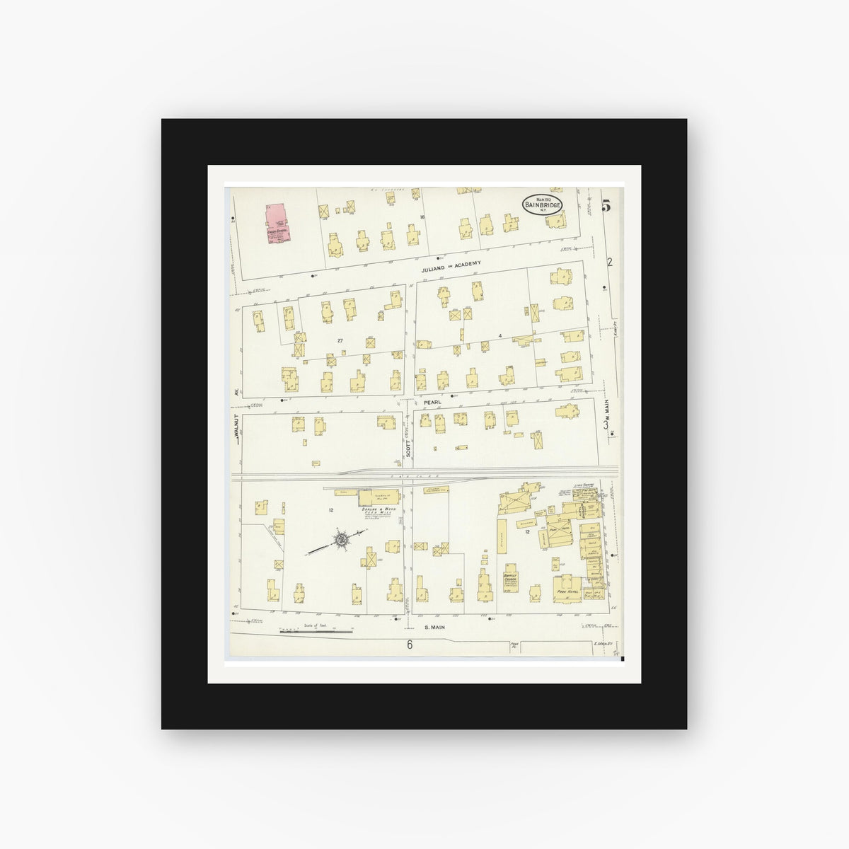 Old map wall art mockup — black gallery frame with white mat — Sanborn Fire Insurance Map from Bainbridge, Chenango County, New York (1912), Sheet #0005