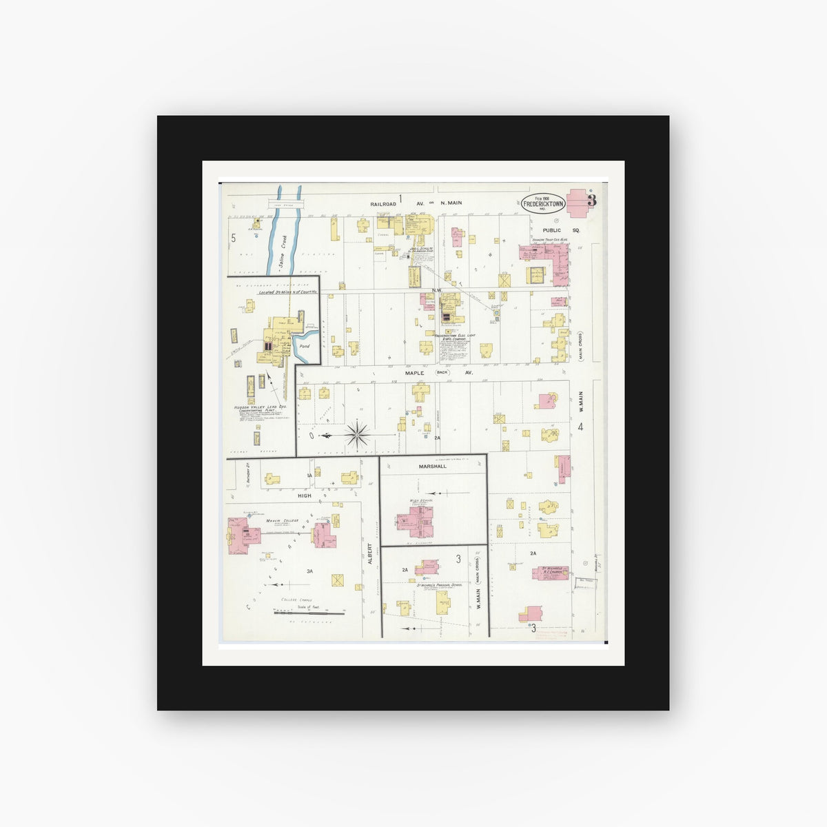 Old map wall art mockup — black gallery frame with white mat — Sanborn Fire Insurance Map from Fredericktown, Madison County, Missouri (1908), Sheet #0003