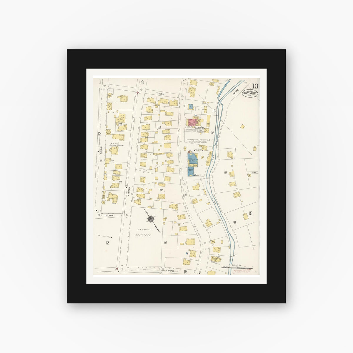 Old map wall art mockup — black gallery frame with white mat — Sanborn Fire Insurance Map from Grass Valley, Nevada County, California (1912), Sheet #0013