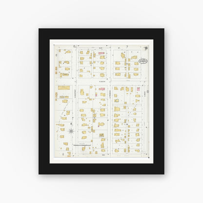Old map wall art mockup — black gallery frame with white mat — Sanborn Fire Insurance Map from Kewanee, Henry County, Illinois (1899), Sheet #0009