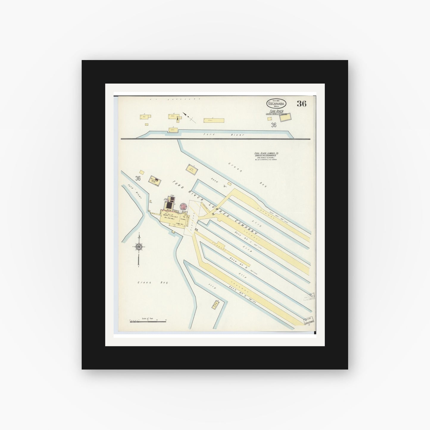 Old map wall art mockup — black gallery frame with white mat — Sanborn Fire Insurance Map from Escanaba, Delta County, Michigan (1913), Sheet #0036