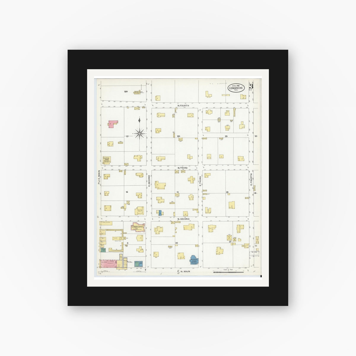 Old map wall art mockup — black gallery frame with white mat — Sanborn Fire Insurance Map from Comanche, Comanche County, Texas (1908), Sheet #0003