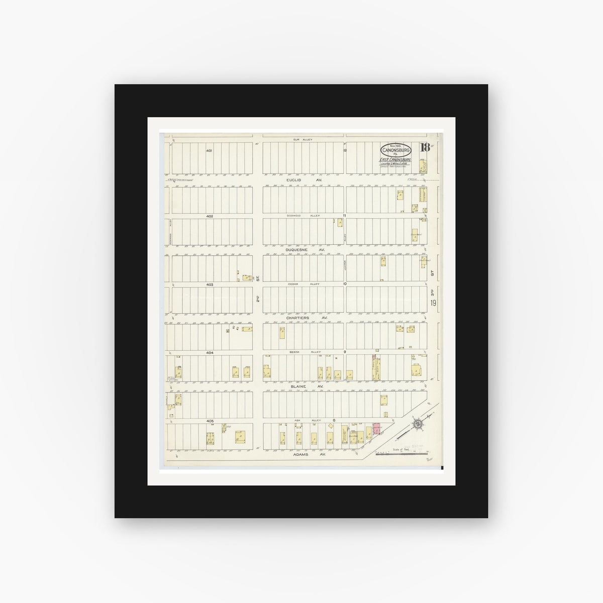Old map wall art mockup — black gallery frame with white mat — Sanborn Fire Insurance Map from Canonsburg, Washington County, Pennsylvania (1913), Sheet #0018