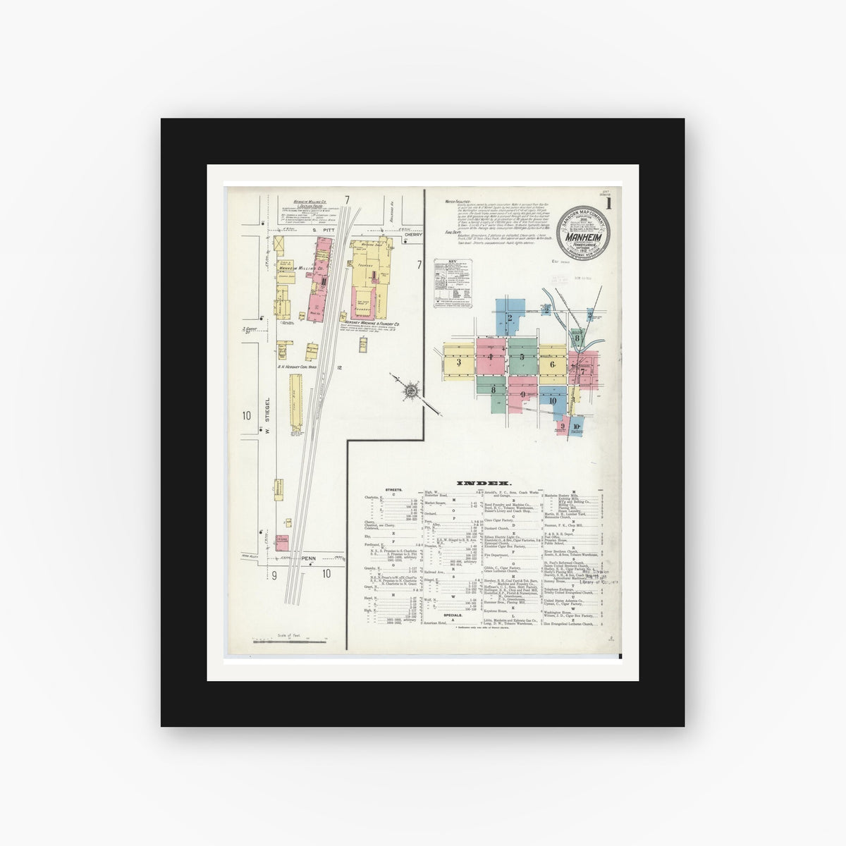 Old map wall art mockup — black gallery frame with white mat — Sanborn Fire Insurance Map from Manheim, Lancaster County, Pennsylvania (1912) - Complete Map Set