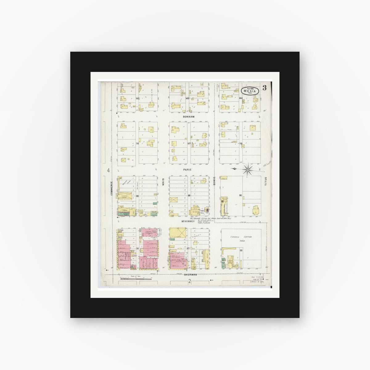 Old map wall art mockup — black gallery frame with white mat — Sanborn Fire Insurance Map from Mexia, Limestone County, Texas (1896), Sheet #0003