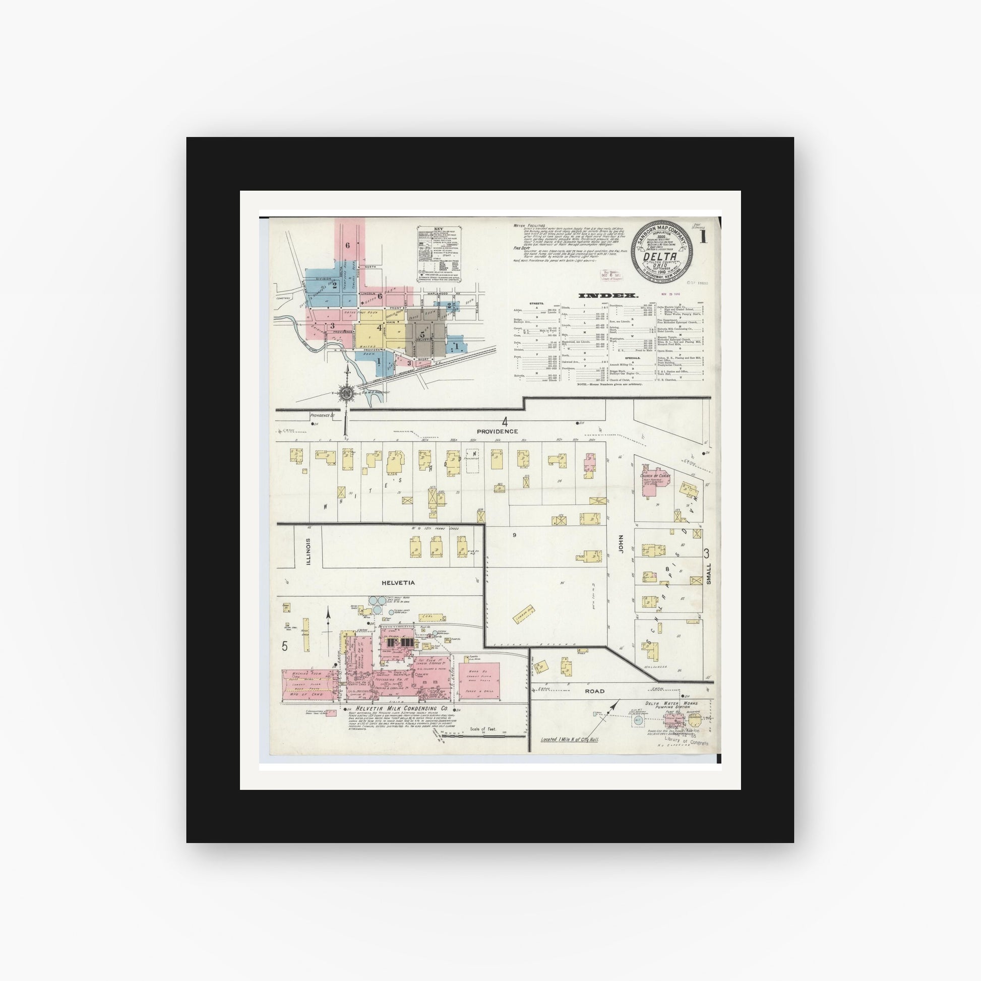 Old map wall art mockup — black gallery frame with white mat — Sanborn Fire Insurance Map from Delta, Fulton County, Ohio (1905), Sheet #0005