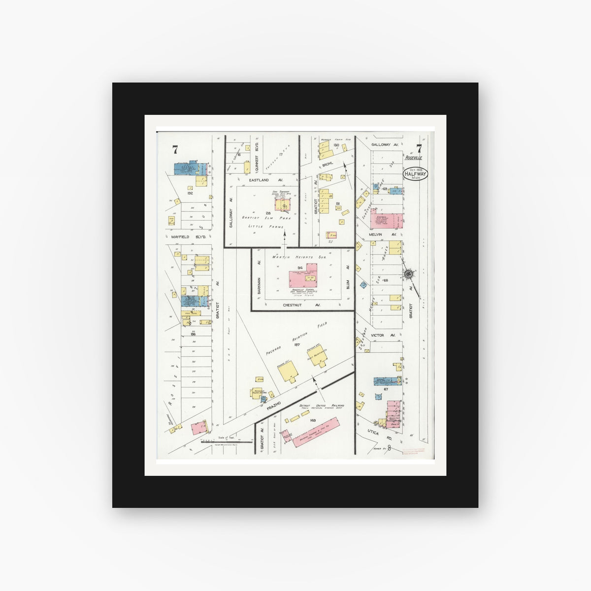 Old map wall art mockup — black gallery frame with white mat — Sanborn Fire Insurance Map from Halfway, Macomb County, Michigan (1925), Sheet #0007