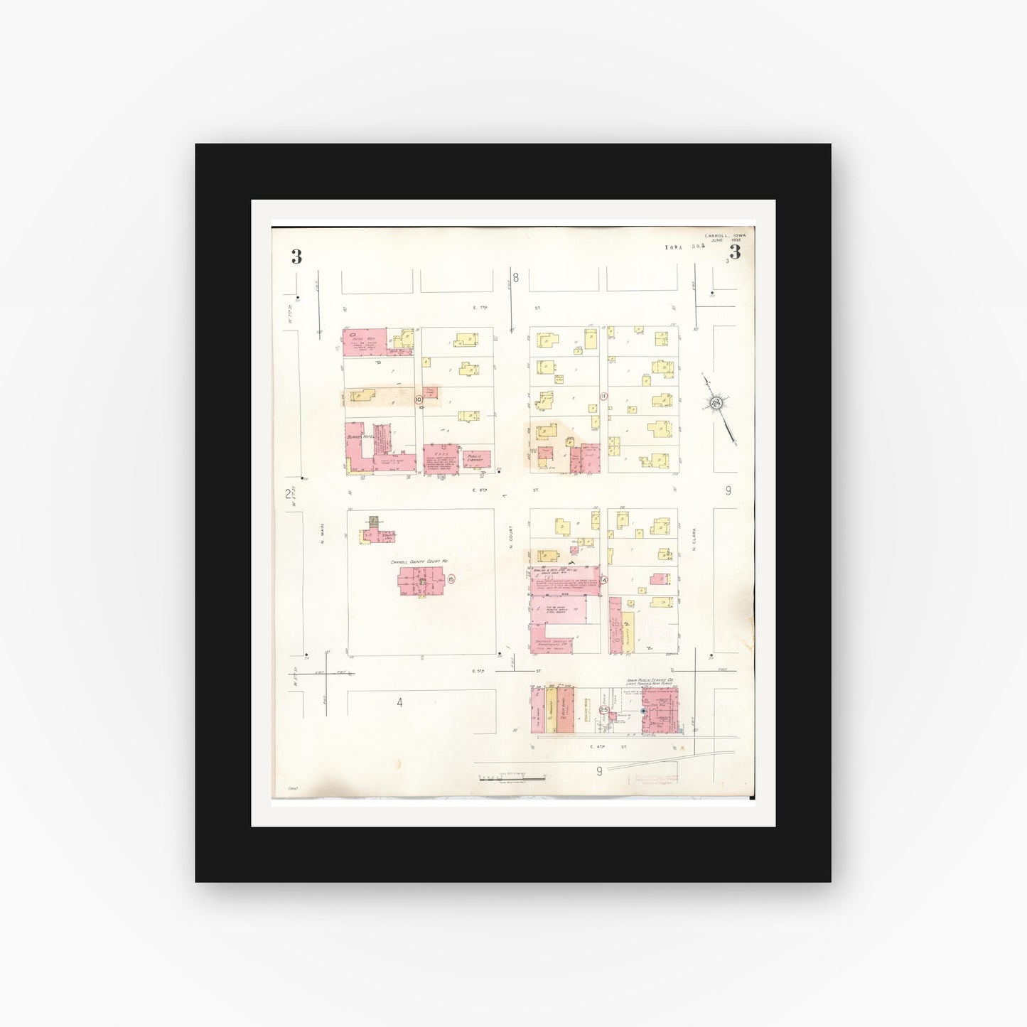 Old map wall art mockup — black gallery frame with white mat — Sanborn Fire Insurance Map from Carroll, Carroll County, Iowa (1948), Sheet #0003
