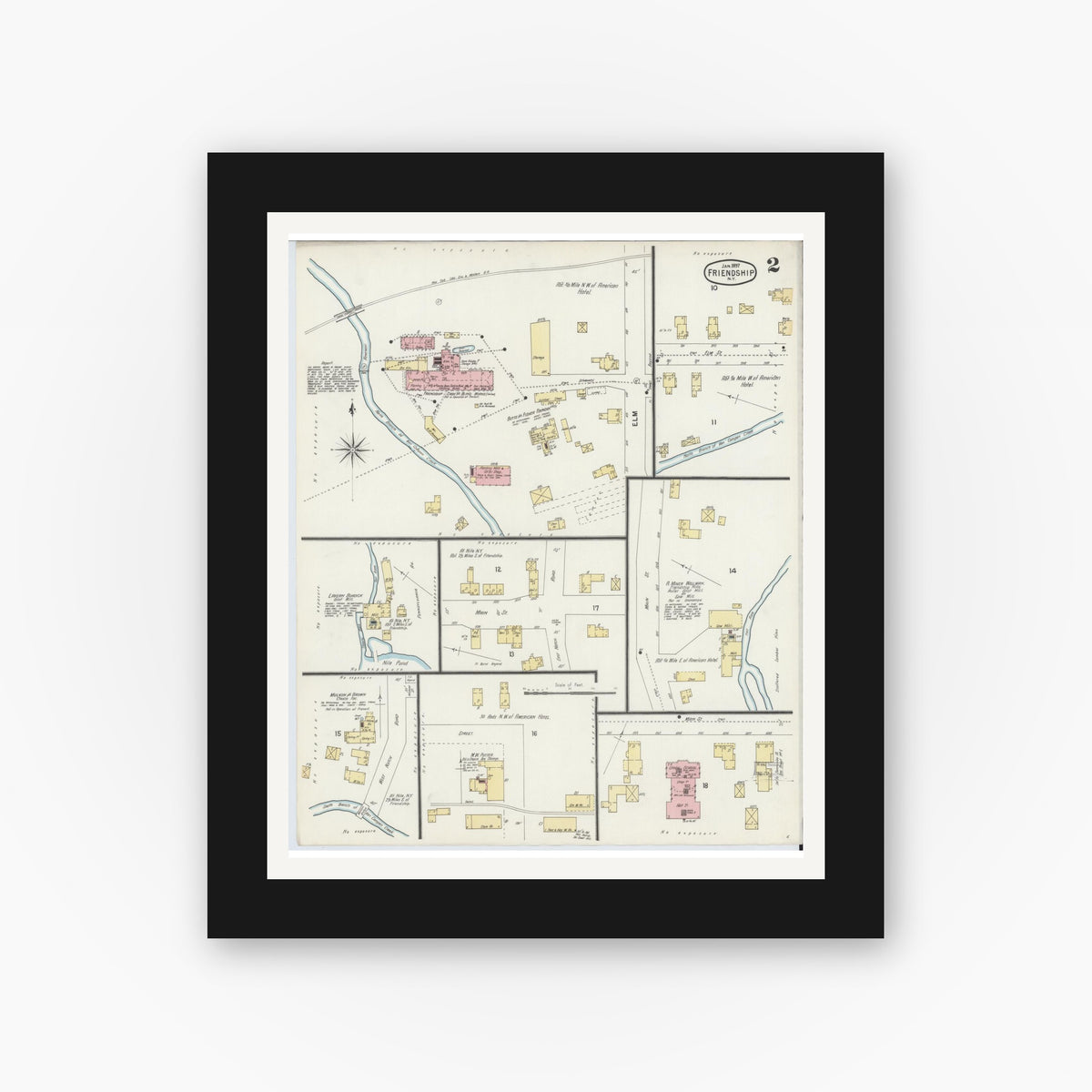 Old map wall art mockup — black gallery frame with white mat — Sanborn Fire Insurance Map from Friendship, Allegany County, New York (1897), Sheet #0002