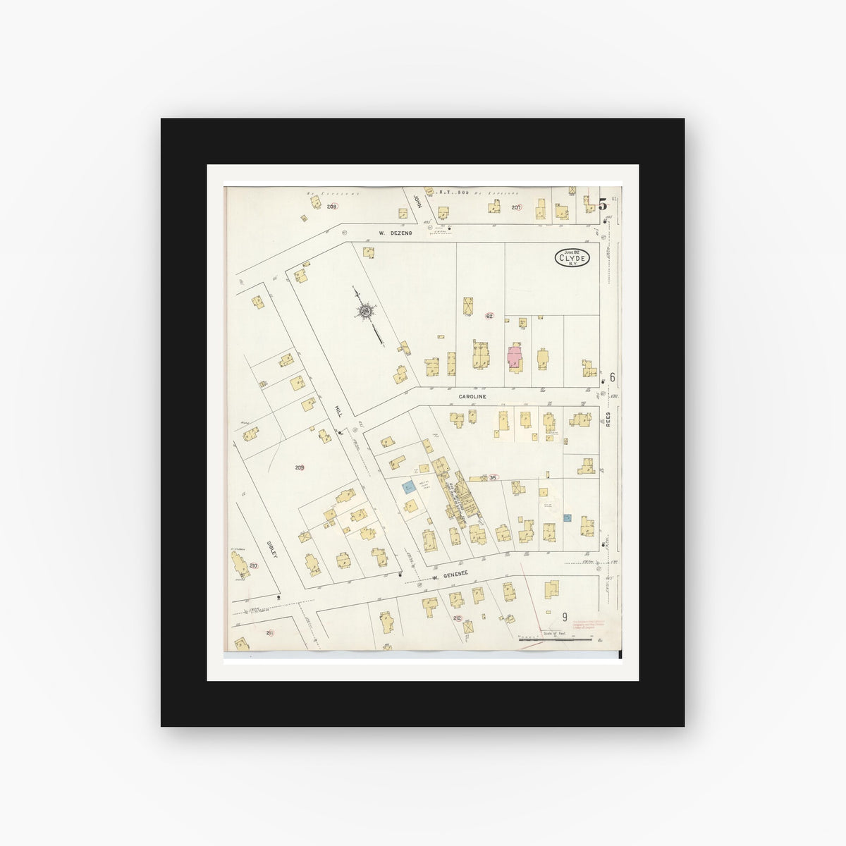 Old map wall art mockup — black gallery frame with white mat — Sanborn Fire Insurance Map from Clyde, Wayne County, New York (1932), Sheet #0005