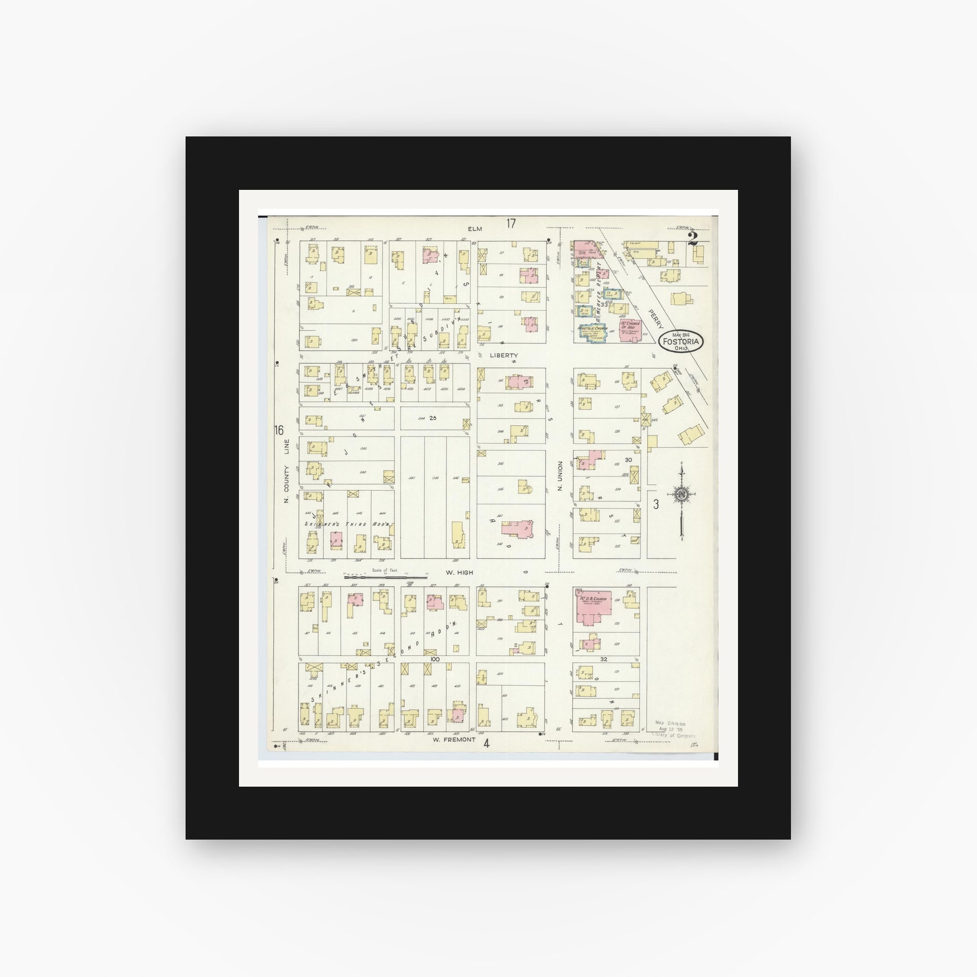 Old map wall art mockup — black gallery frame with white mat — Sanborn Fire Insurance Map from Fostoria, Seneca, Hancock, And Wood Counties, Ohio (1914), Sheet #0002