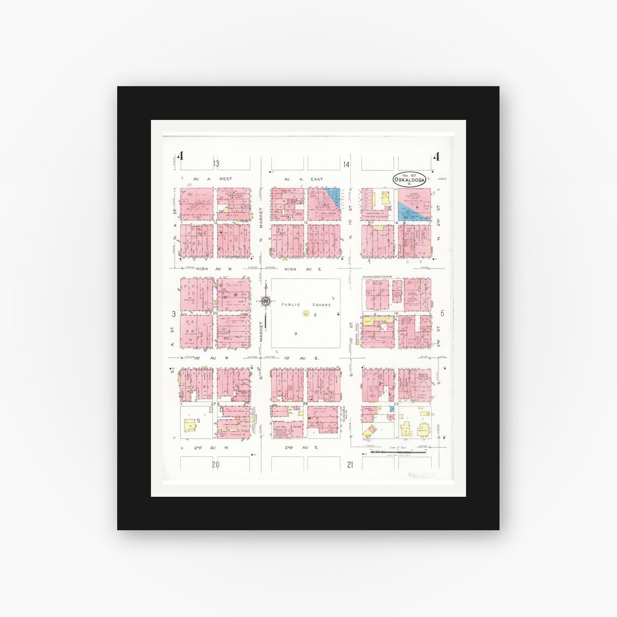 Old map wall art mockup — black gallery frame with white mat — Sanborn Fire Insurance Map from Oskaloosa, Mahaska County, Iowa (1927), Sheet #0004