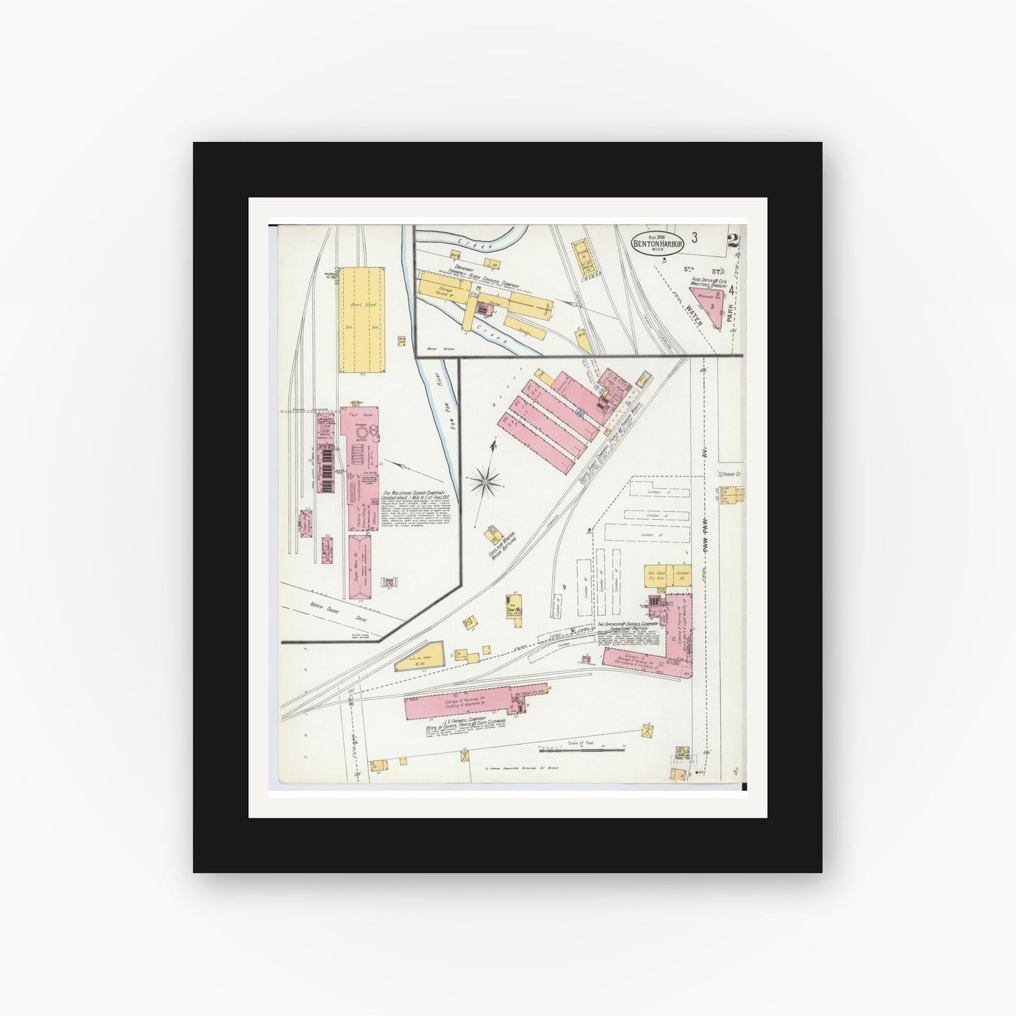 Old map wall art mockup — black gallery frame with white mat — Sanborn Fire Insurance Map from Benton Harbor, Berrien County, Michigan (1900), Sheet #0002