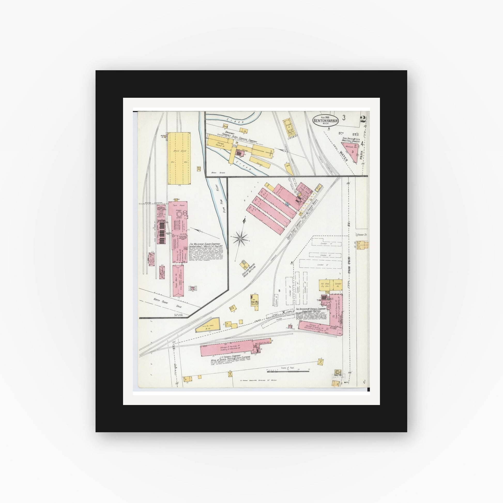 Old map wall art mockup — black gallery frame with white mat — Sanborn Fire Insurance Map from Benton Harbor, Berrien County, Michigan (1900), Sheet #0002