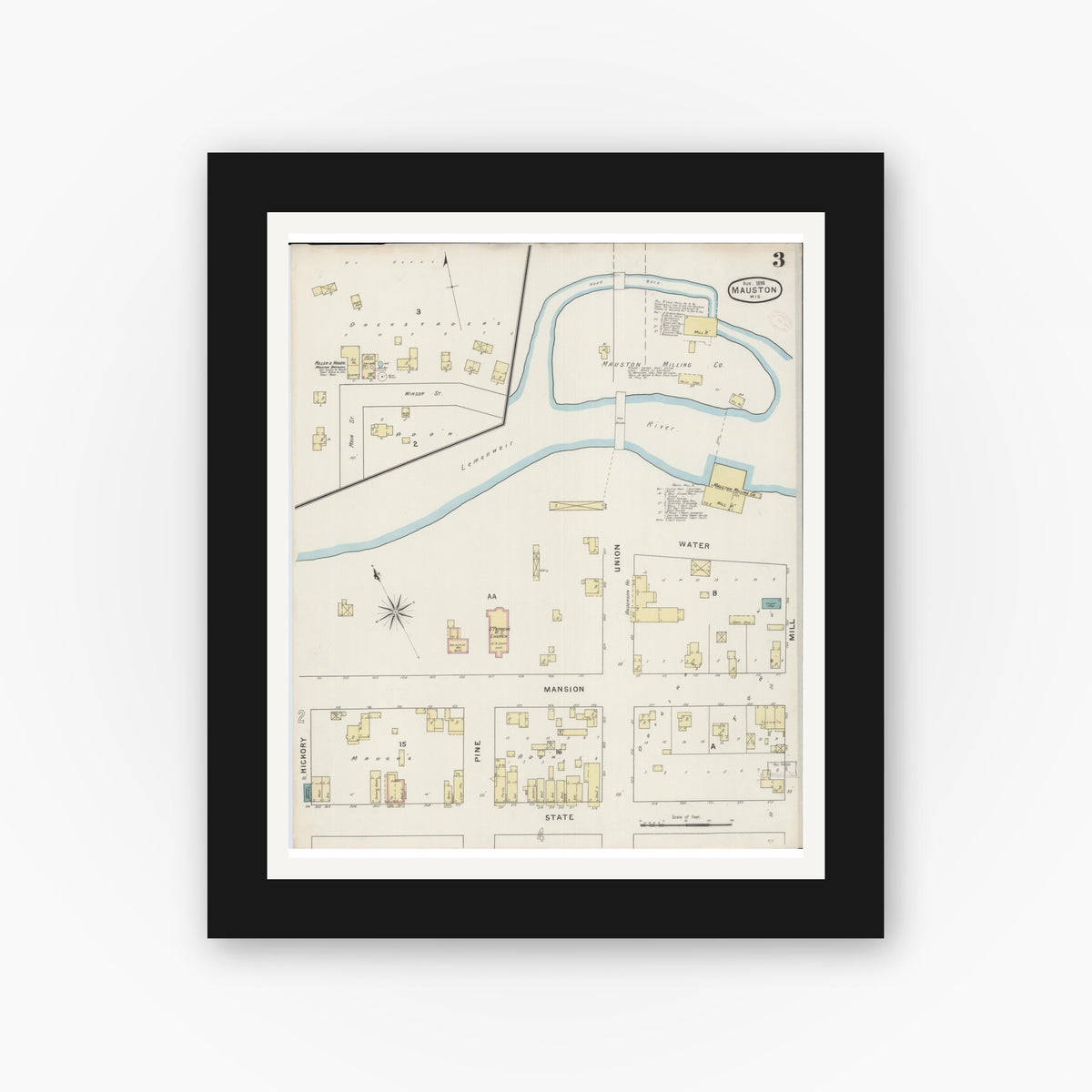 Old map wall art mockup — black gallery frame with white mat — Sanborn Fire Insurance Map from Mauston, Juneau County, Wisconsin (1894), Sheet #0003