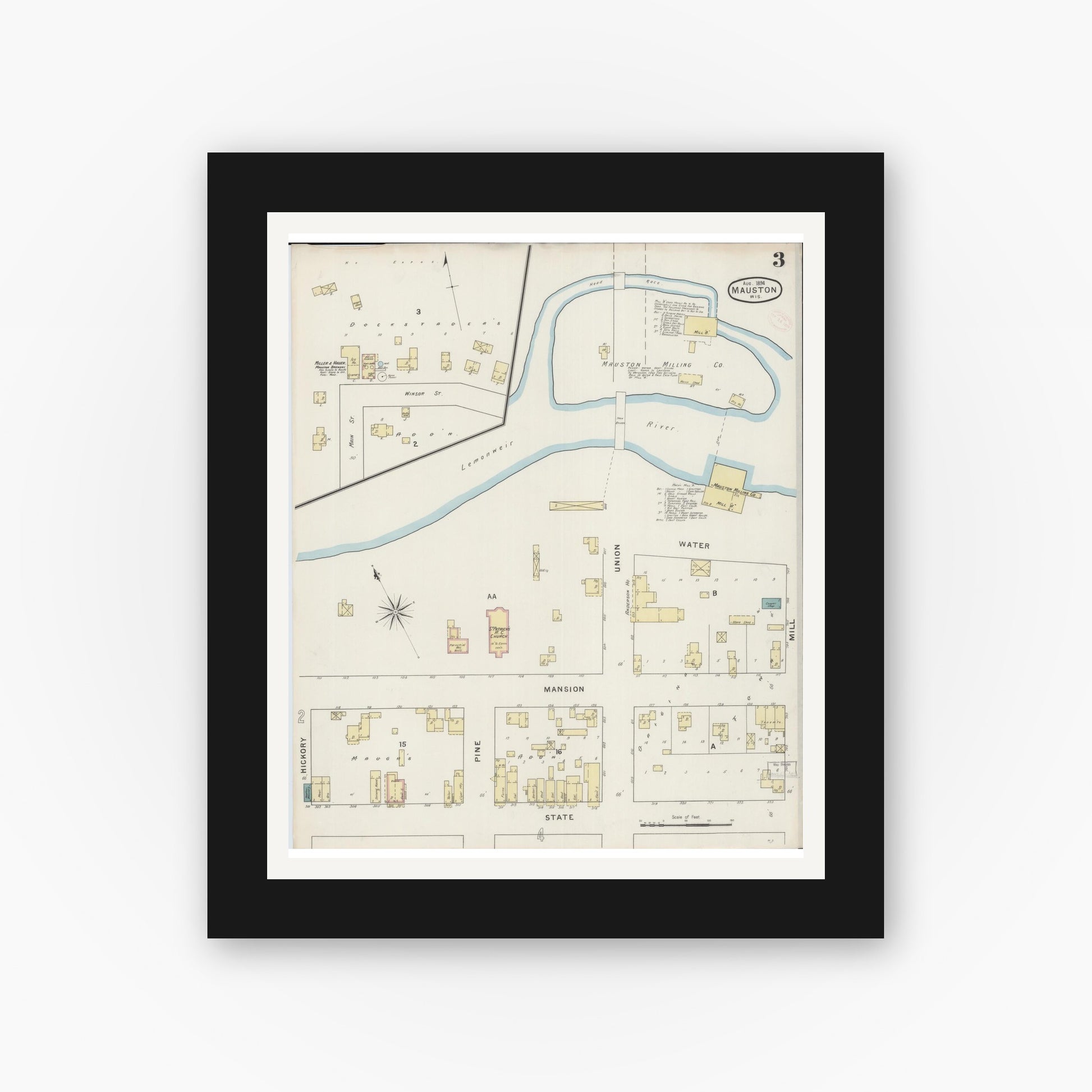 Old map wall art mockup — black gallery frame with white mat — Sanborn Fire Insurance Map from Mauston, Juneau County, Wisconsin (1894), Sheet #0003