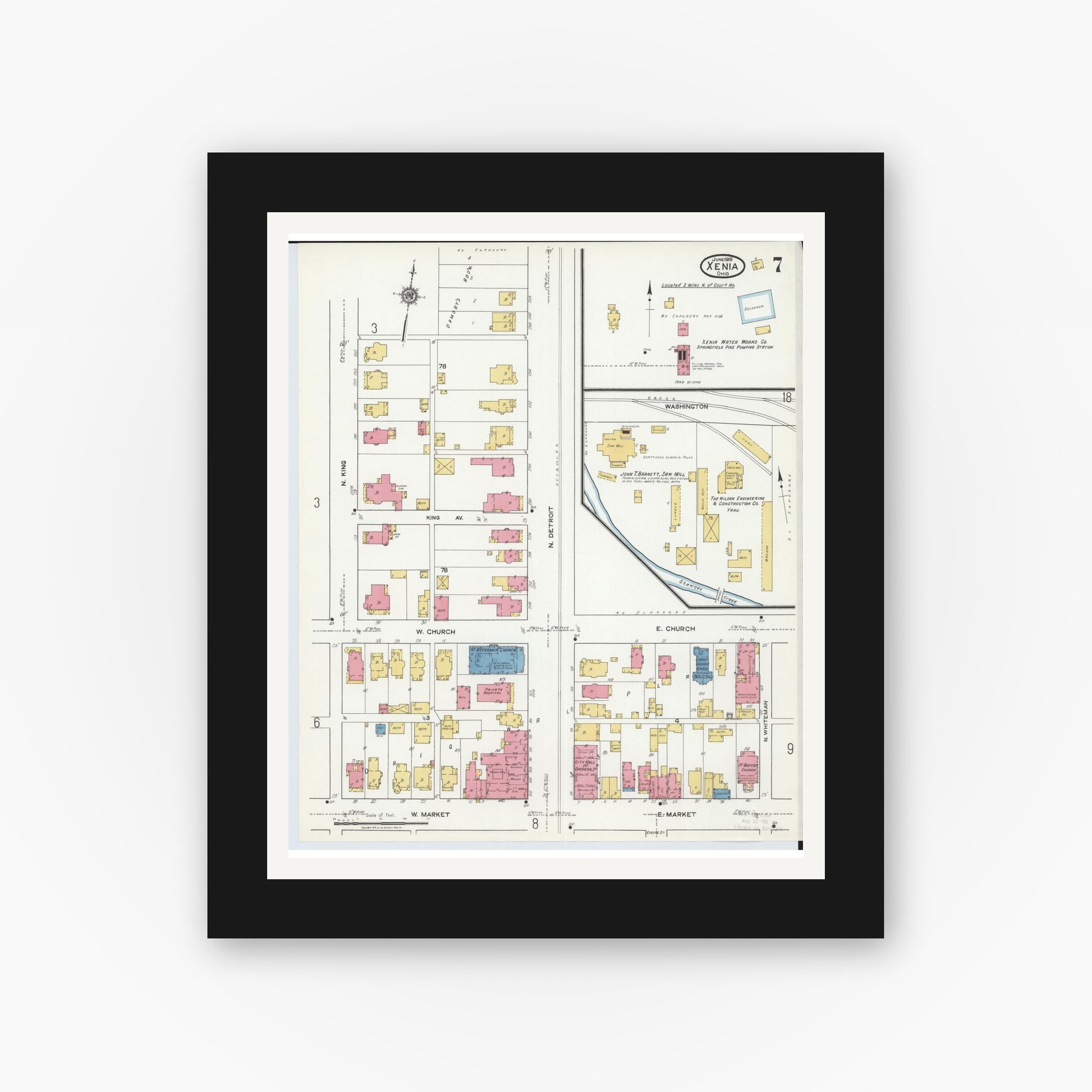 Old map wall art mockup — black gallery frame with white mat — Sanborn Fire Insurance Map from Xenia, Greene County, Ohio (1919), Sheet #0007