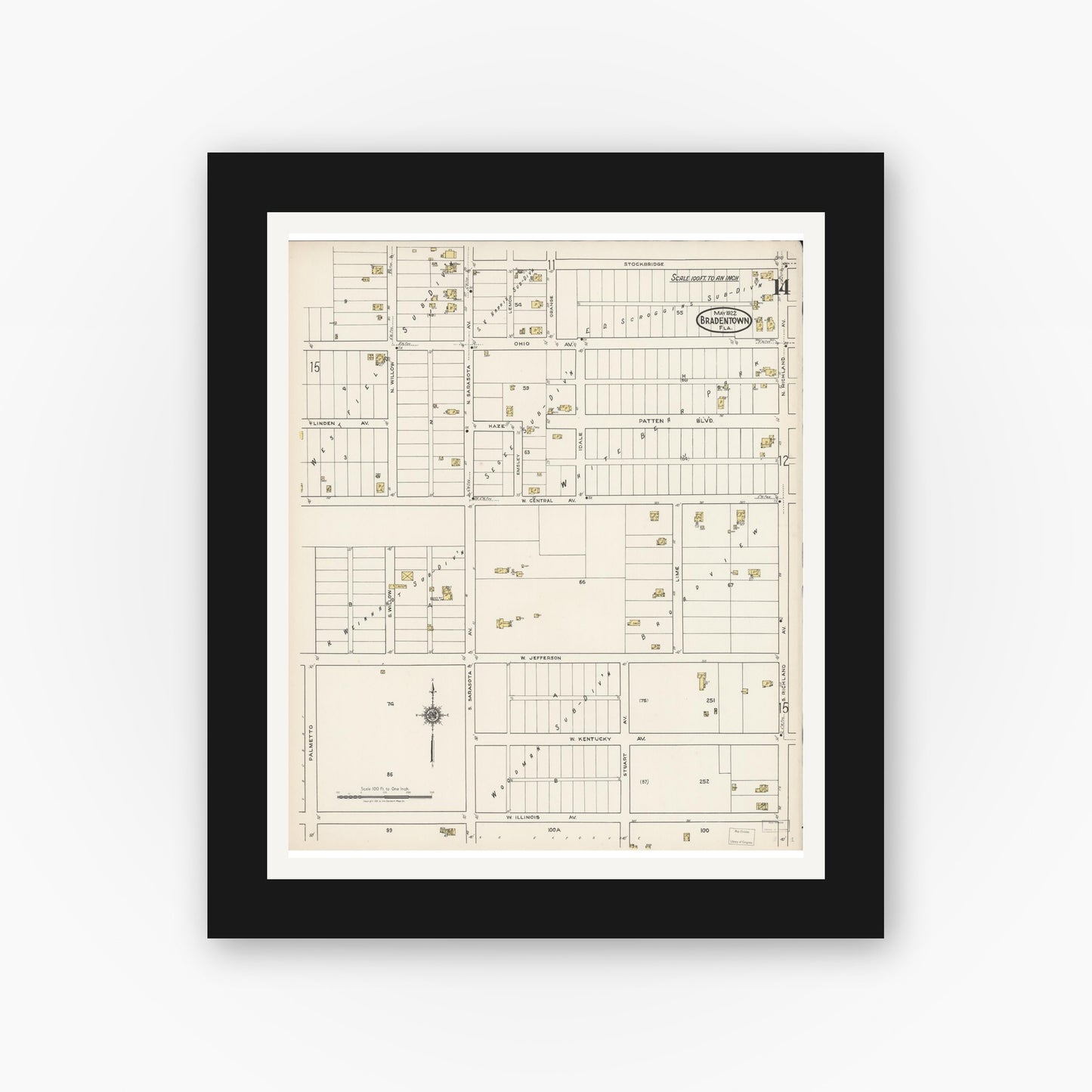 Old map wall art mockup — black gallery frame with white mat — Sanborn Fire Insurance Map from Bradentown, Manatee County, Florida (1922), Sheet #0014