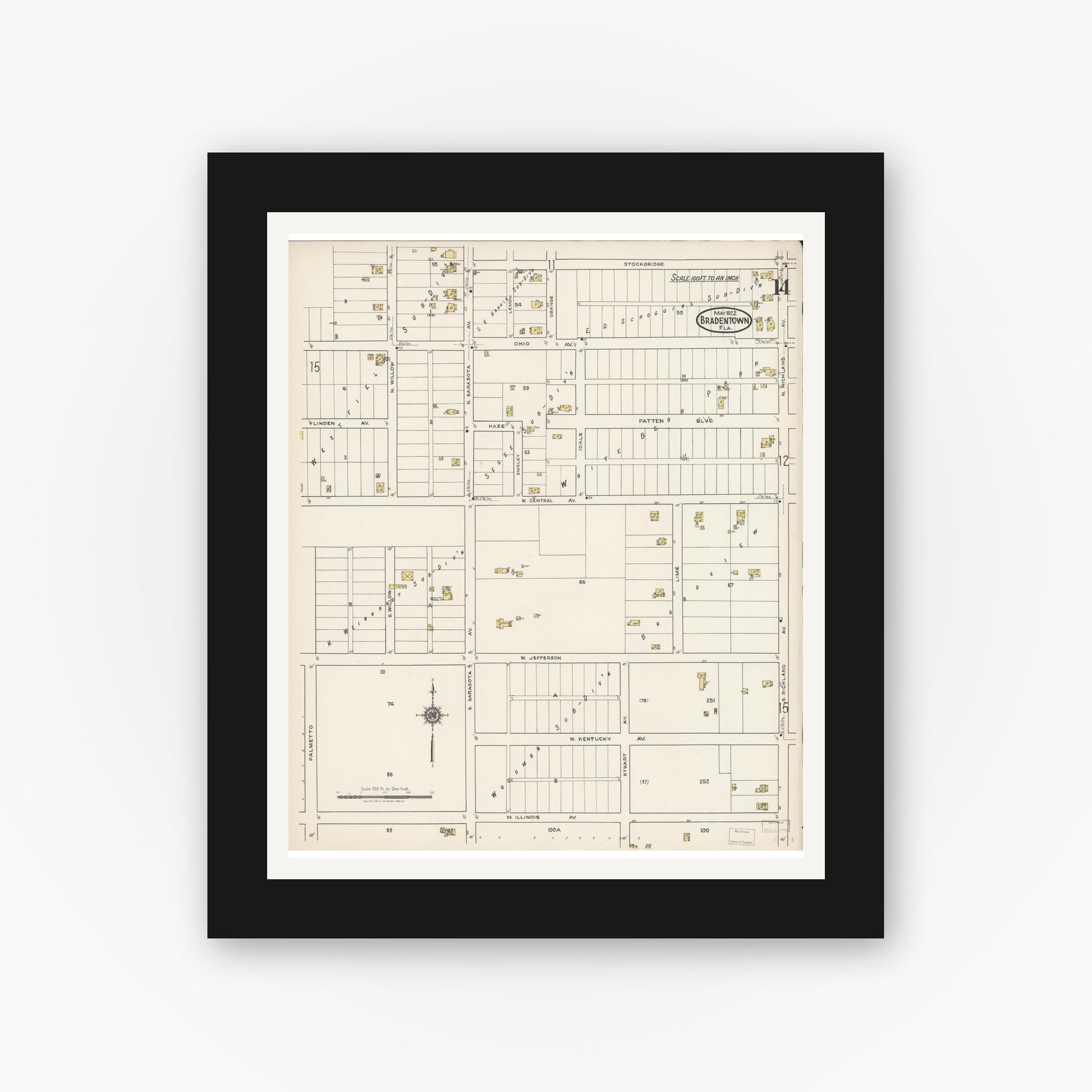 Old map wall art mockup — black gallery frame with white mat — Sanborn Fire Insurance Map from Bradentown, Manatee County, Florida (1922), Sheet #0014