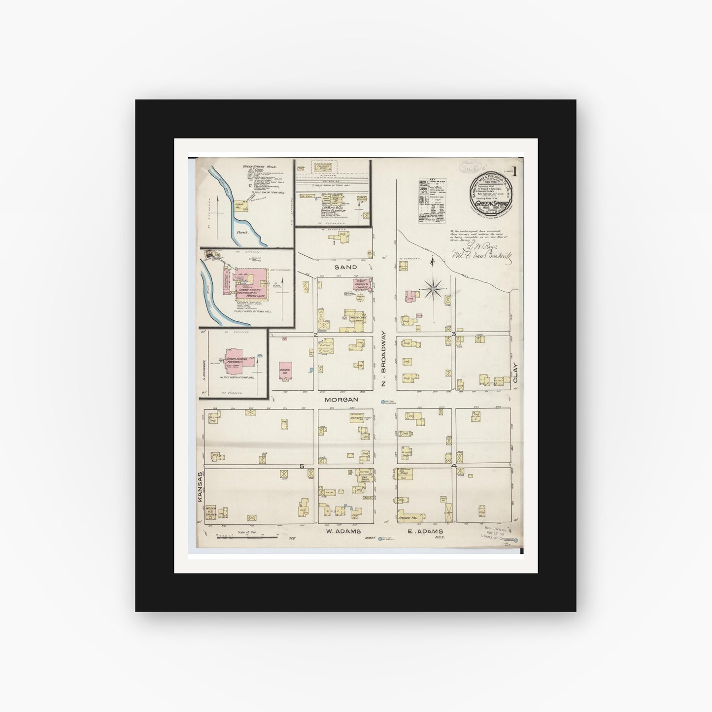Old map wall art mockup — black gallery frame with white mat — Sanborn Fire Insurance Map from Green Springs, Sandusky And Seneca Counties, Ohio (1885), Sheet #0001