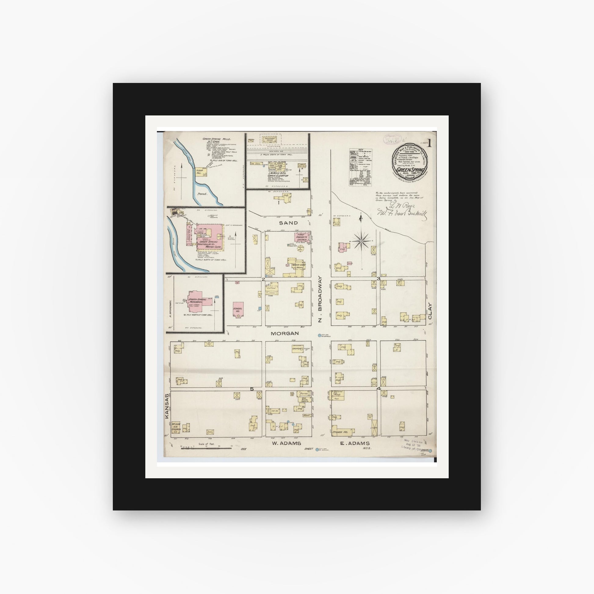 Old map wall art mockup — black gallery frame with white mat — Sanborn Fire Insurance Map from Green Springs, Sandusky And Seneca Counties, Ohio (1885), Sheet #0001