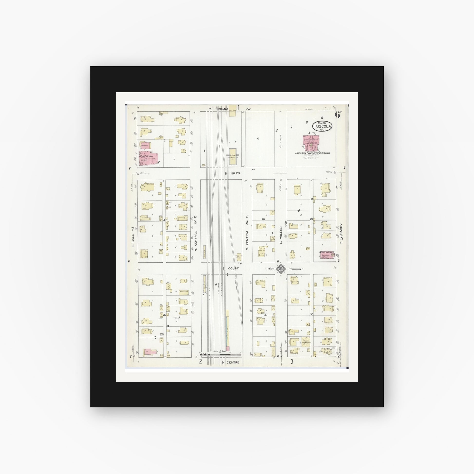 Old map wall art mockup — black gallery frame with white mat — Sanborn Fire Insurance Map from Tuscola, Douglas County, Illinois (1914), Sheet #0006