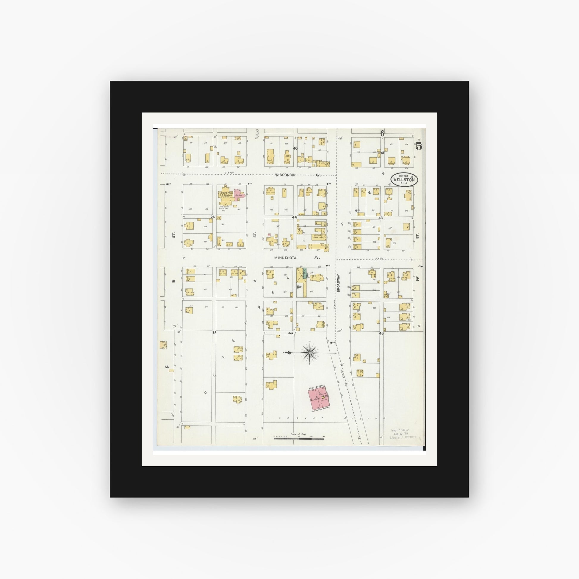 Old map wall art mockup — black gallery frame with white mat — Sanborn Fire Insurance Map from Wellston, Jackson County, Ohio (1904), Sheet #0005
