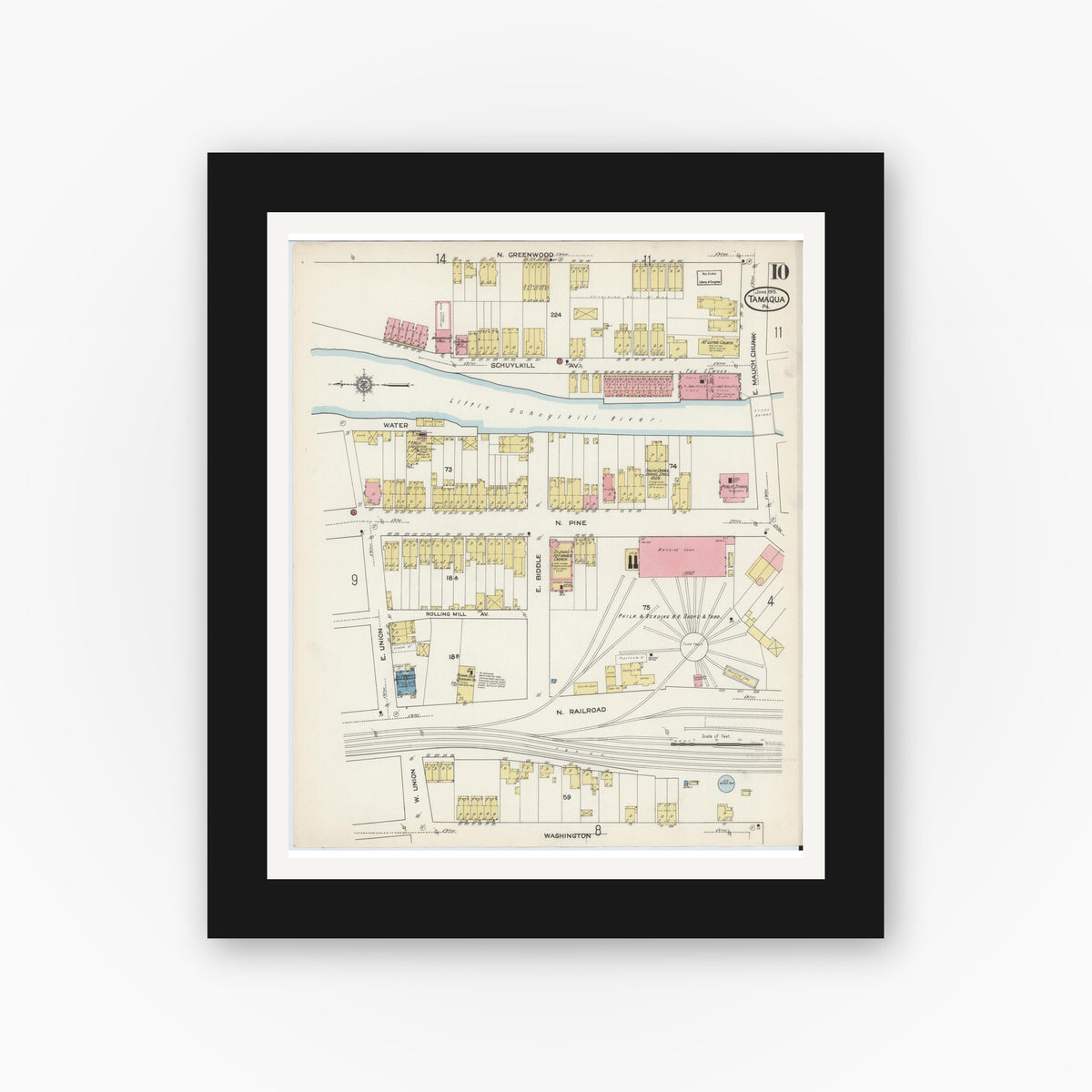 Old map wall art mockup — black gallery frame with white mat — Sanborn Fire Insurance Map from Tamaqua, Schuylkill County, Pennsylvania (1915), Sheet #0010