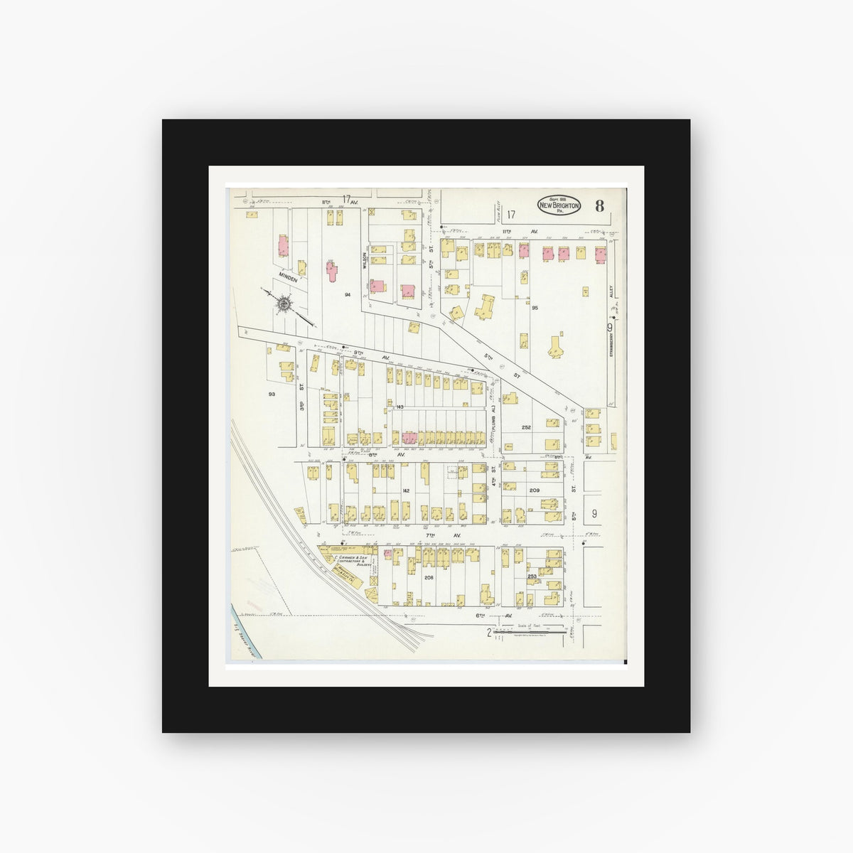 Old map wall art mockup — black gallery frame with white mat — Sanborn Fire Insurance Map from New Brighton, Beaver County, Pennsylvania (1918), Sheet #0008