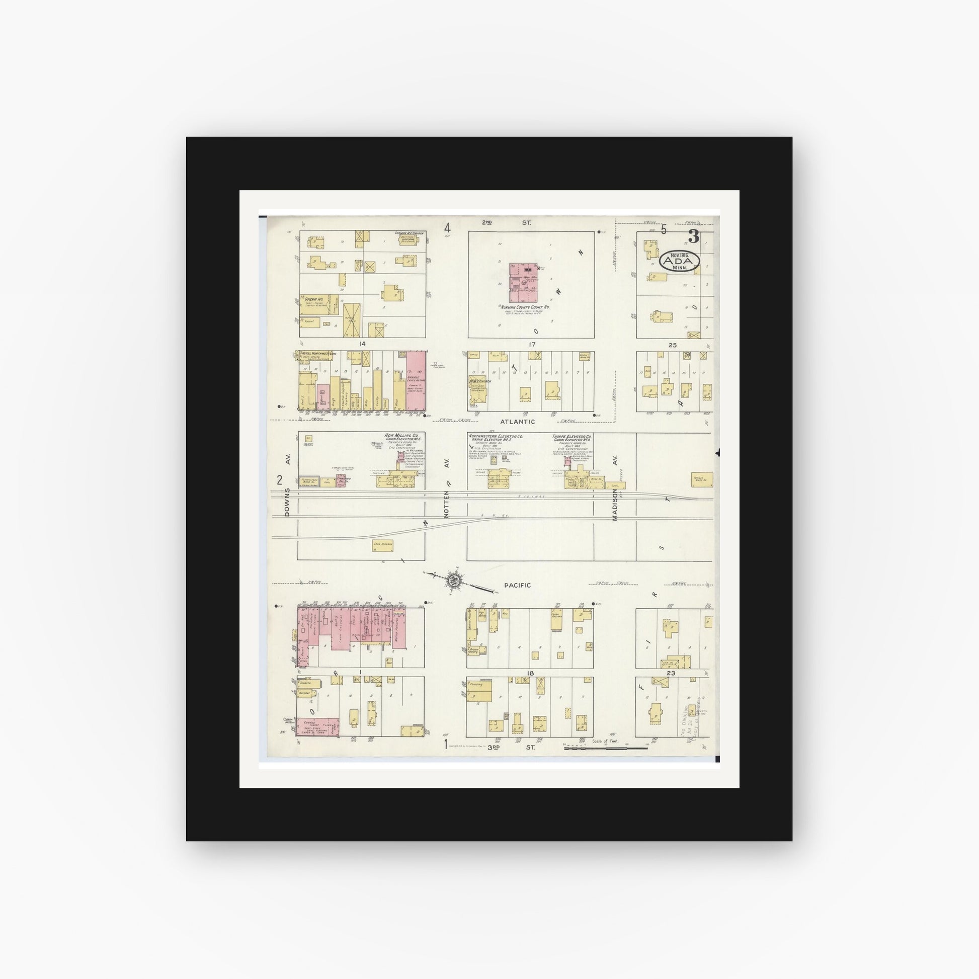 Old map wall art mockup — black gallery frame with white mat — Sanborn Fire Insurance Map from Ada, Norman County, Minnesota (1916), Sheet #0003