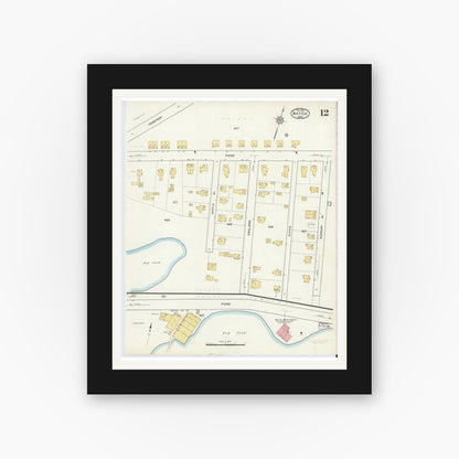 Old map wall art mockup — black gallery frame with white mat — Sanborn Fire Insurance Map from Natick, Middlesex County, Massachusetts (1915), Sheet #0012