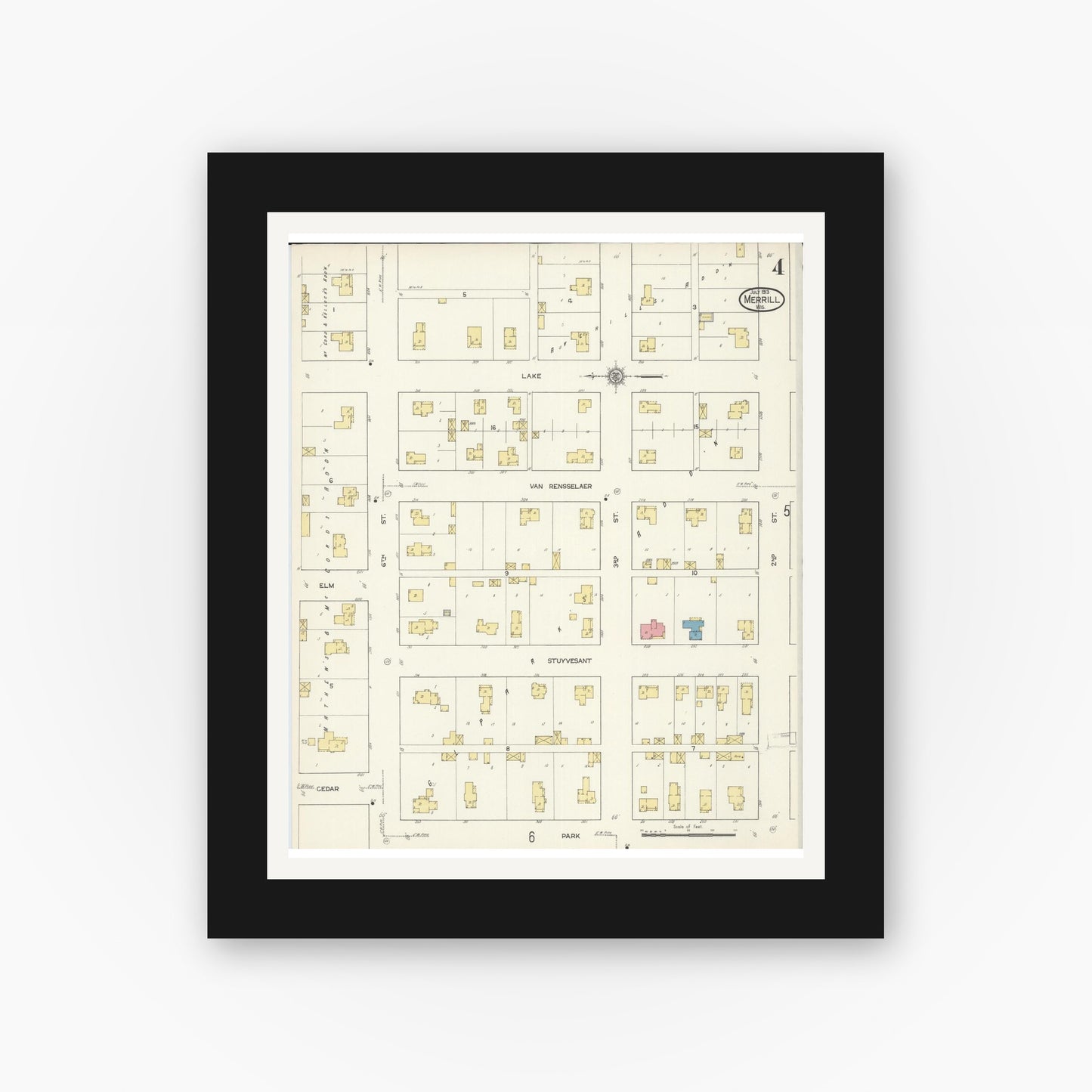 Old map wall art mockup — black gallery frame with white mat — Sanborn Fire Insurance Map from Merrill, Lincoln County, Wisconsin (1913), Sheet #0004