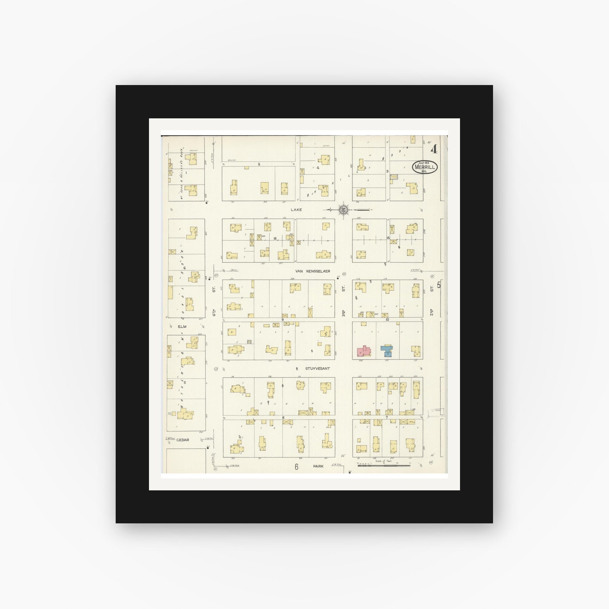 Old map wall art mockup — black gallery frame with white mat — Sanborn Fire Insurance Map from Merrill, Lincoln County, Wisconsin (1913), Sheet #0004