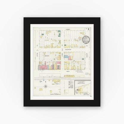 Old map wall art mockup — black gallery frame with white mat — Sanborn Fire Insurance Map from Schulenburg, Fayette County, Texas (1894), Sheet #0001