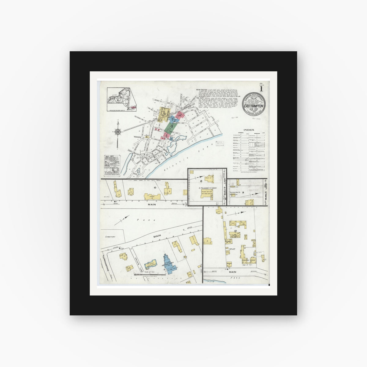 Old map wall art mockup — black gallery frame with white mat — Sanborn Fire Insurance Map from Easthampton, Suffolk County, New York (1920) - Complete Map Set