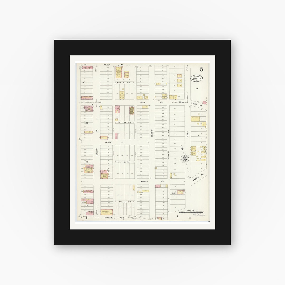Old map wall art mockup — black gallery frame with white mat — Sanborn Fire Insurance Map from Clairton, Allegheny County, Pennsylvania (1907), Sheet #0005