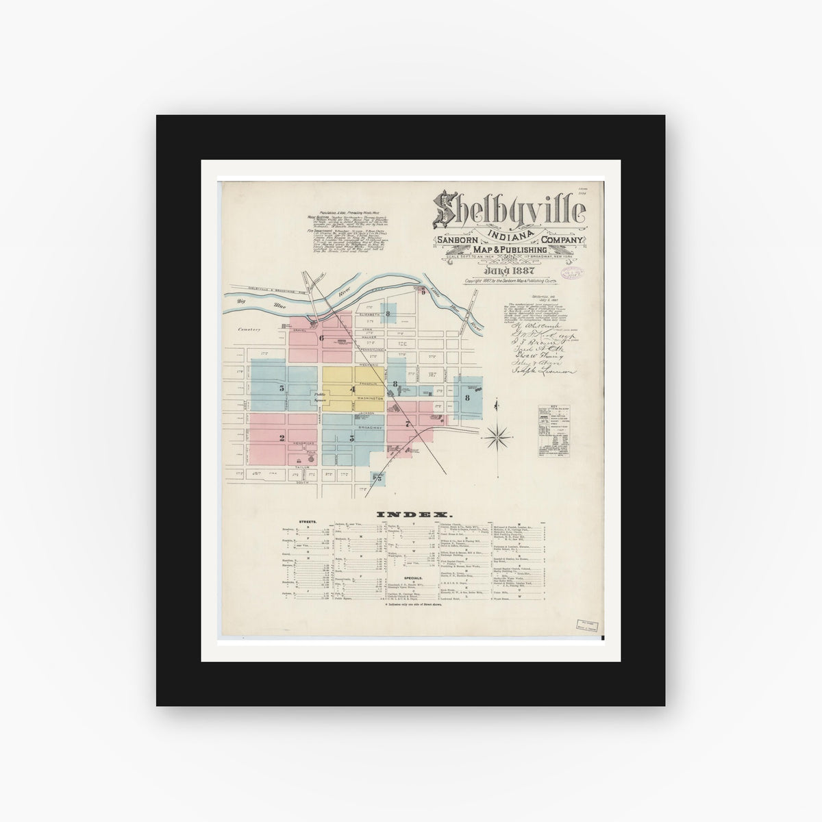 Old map wall art mockup — black gallery frame with white mat — Sanborn Fire Insurance Map from Shelbyville, Shelby County, Indiana (1887) - Complete Map Set