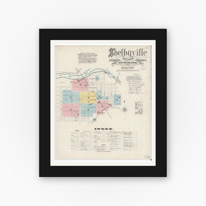 Old map wall art mockup — black gallery frame with white mat — Sanborn Fire Insurance Map from Shelbyville, Shelby County, Indiana (1887) - Complete Map Set