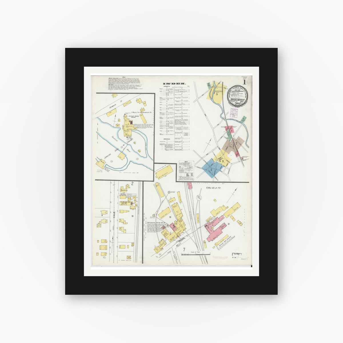 Old map wall art mockup — black gallery frame with white mat — Sanborn Fire Insurance Map from Bridgewater, Plymouth County, Massachusetts (1901), Sheet #0001