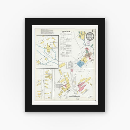 Old map wall art mockup — black gallery frame with white mat — Sanborn Fire Insurance Map from Bridgewater, Plymouth County, Massachusetts (1901), Sheet #0001