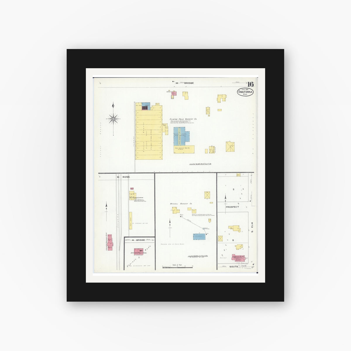 Old map wall art mockup — black gallery frame with white mat — Sanborn Fire Insurance Map from Owatonna, Steele County, Minnesota (1909), Sheet #0016