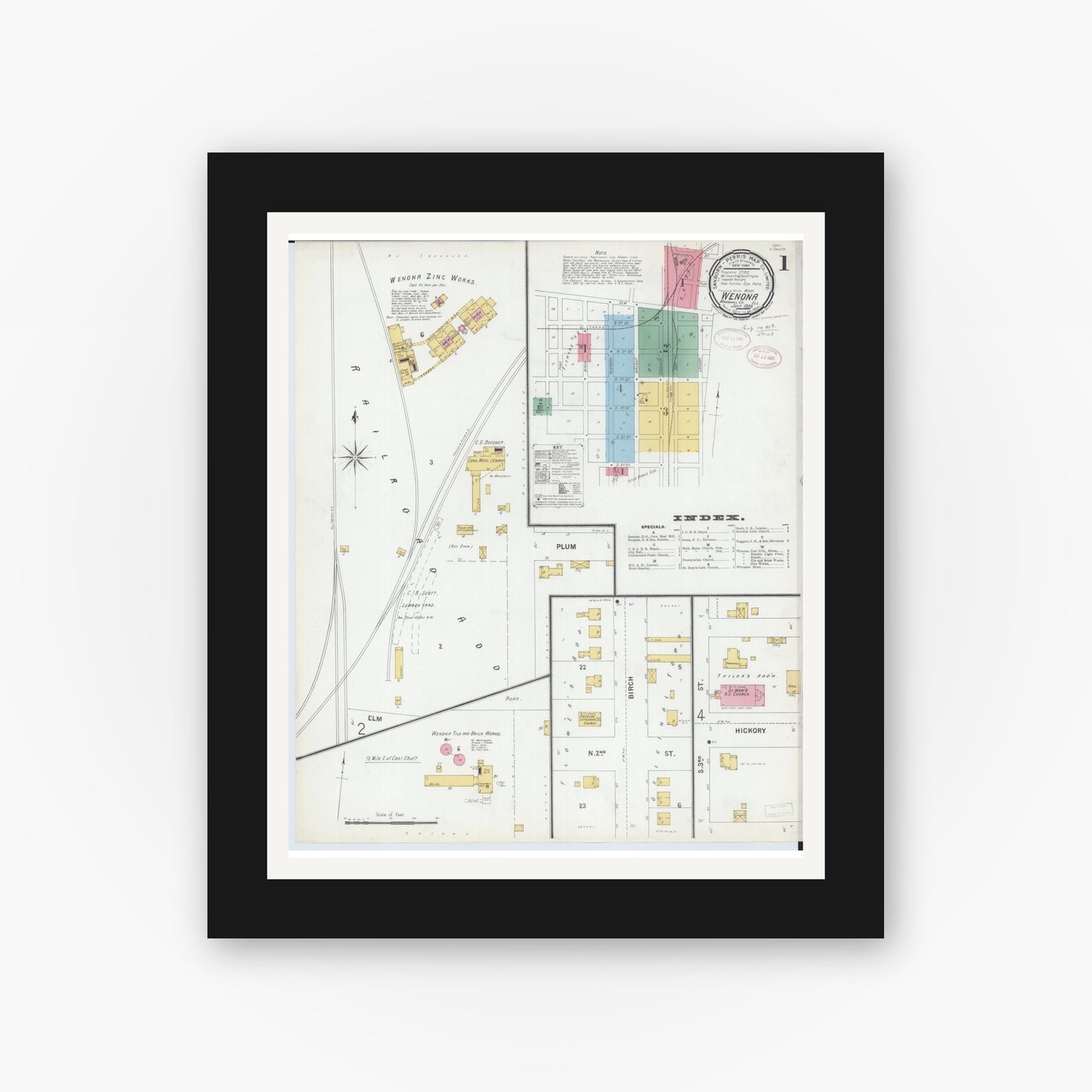 Old map wall art mockup — black gallery frame with white mat — Sanborn Fire Insurance Map from Wenona, Marshall County, Illinois (1899) - Complete Map Set