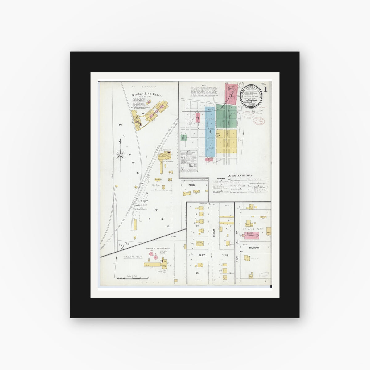 Old map wall art mockup — black gallery frame with white mat — Sanborn Fire Insurance Map from Wenona, Marshall County, Illinois (1899) - Complete Map Set